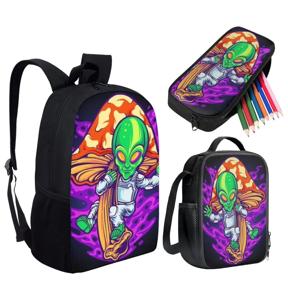 Cartoon Alien 3Pcs Backpack for Students Back to School Large Capacity Girls Boys School Bags with Lunch Bag/Pencil Case Mochila