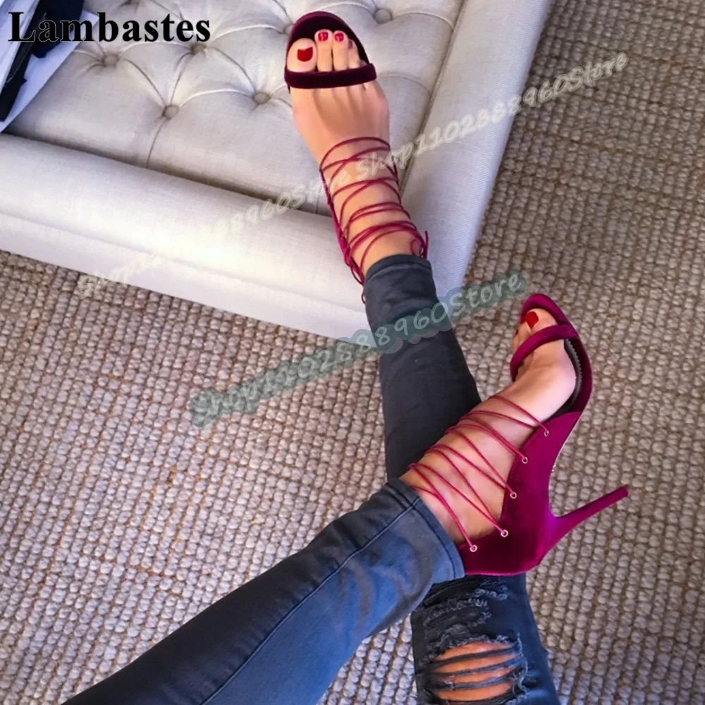 

Burgundy Suede Narrow Strip Sandals Stilettos High Heel Shoes For Women Cross Tied Open Toe Luxury Elegant Sexy Women Sandals