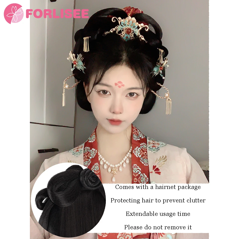 Synthetic Ancient Costume Hanfu Wig All-in-one Lazy Hairband Ancient Style Full Tang Style Hairstyle Daily Wig Bun Pad Hair Bag