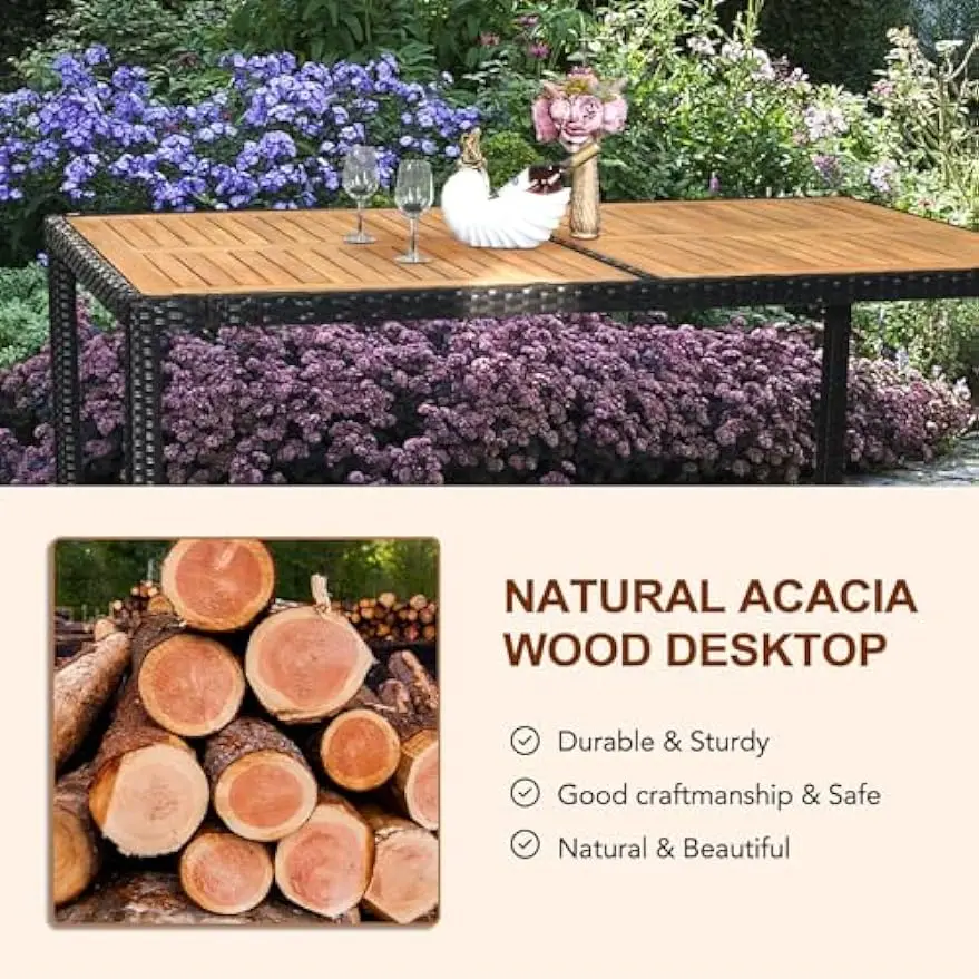 Set da pranzo per Patio 7 pezzi, Set da pranzo per esterni in vimini per 6 Set di mobili da giardino con tavolo in legno di Acacia tavolo e sedie da esterno per cortile