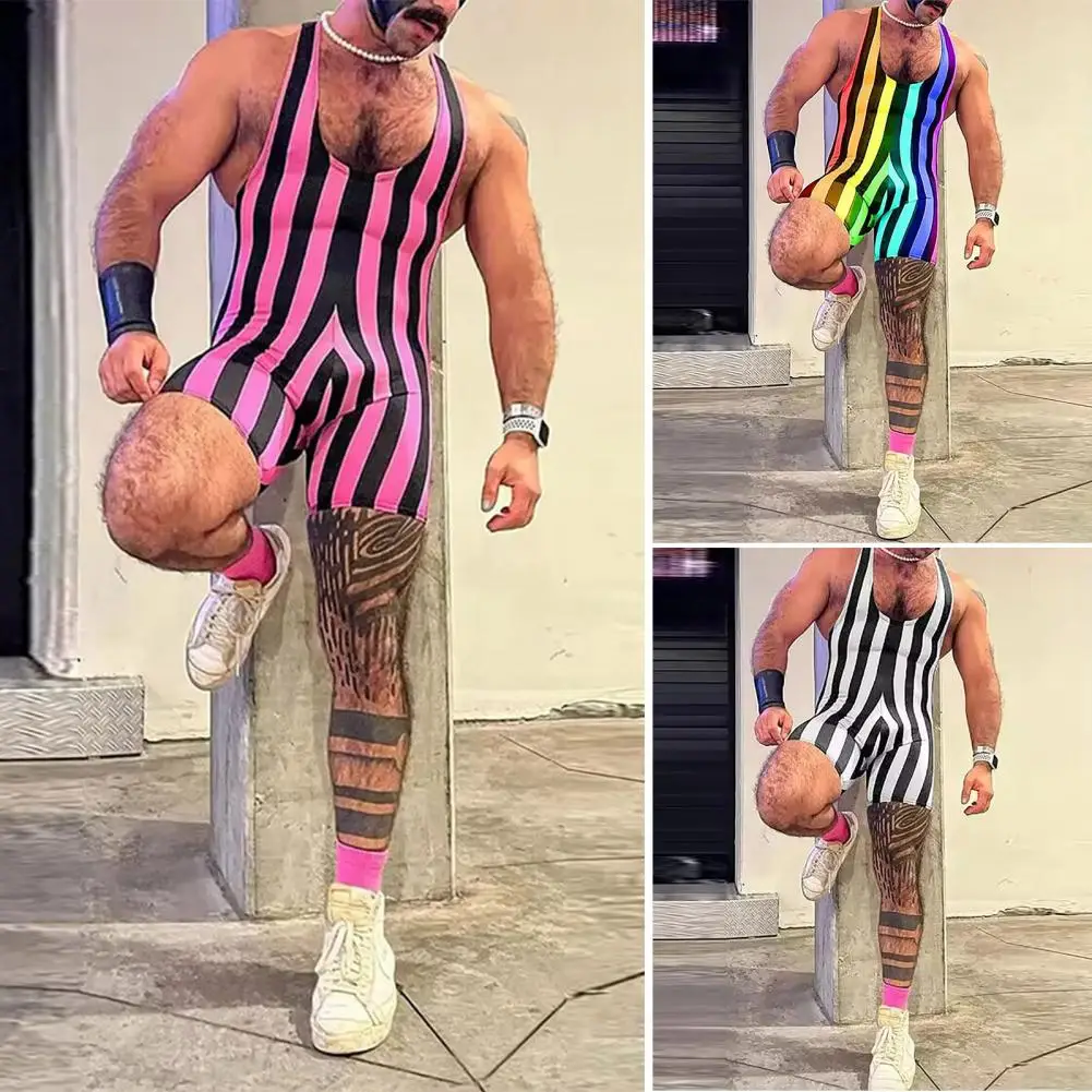 الرجال اللياقة البدنية ارتداءها أكمام العميق U العنق مخطط بذلة الملاكمين المصارعة Singlets يوتار تانك القمم السراويل ملابس داخلية