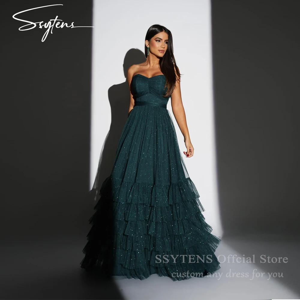 

SSYTENS Shiny Long Prom Dresses Sweetheart Green Tulle Floor Length Wedding Party Gown Tiered Graduation Femme Evening Dress