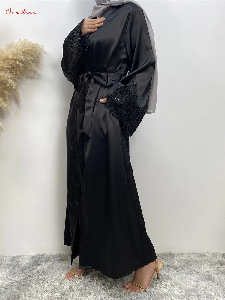 Mais recente renda bordado quimono muçulmano robe abaya syari feminino comprimento total muçulmano abaya serviço de adoração abayas com cinto wy1920