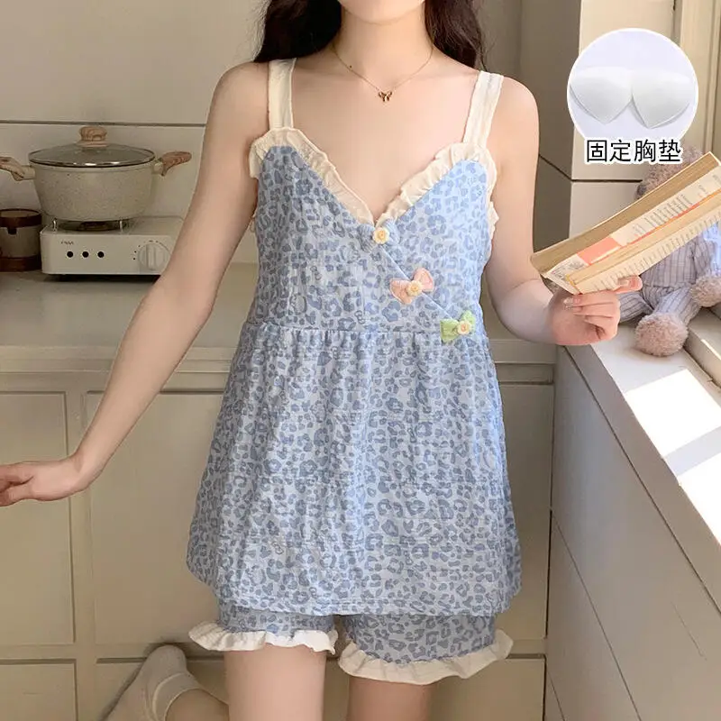 Cute Lace Teenage Camisole Short Pajama Sweet Summer Student Comfort Set Fashionable Girl Loose Casual Home Clothe Sweat Wicking