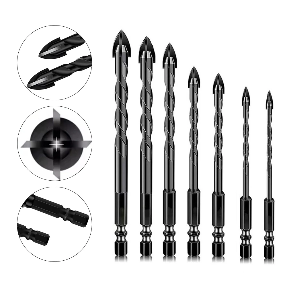 

7pcs Hex Shank Cross Head Tile Drill Bits for Glass Wood Brick Tile and Plastic Featuring Carbide Tips and Spiral Chip Flute