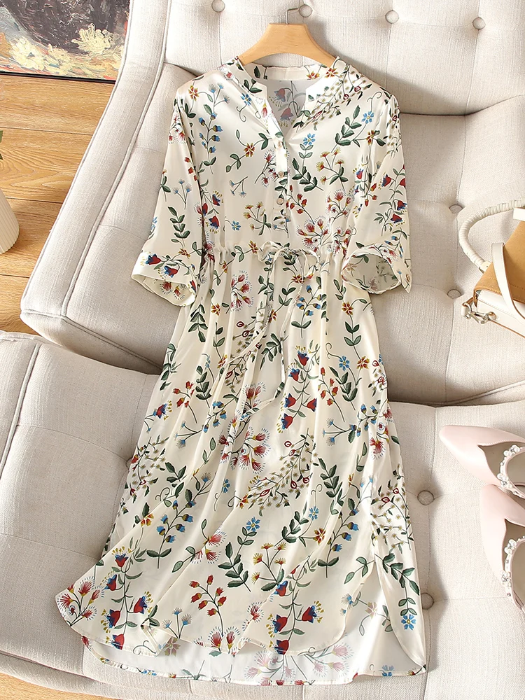 

High Quality 2024 Summer Heavy Real Silk Dress Women's Mid-Length Half Sleeve Floral Suspender