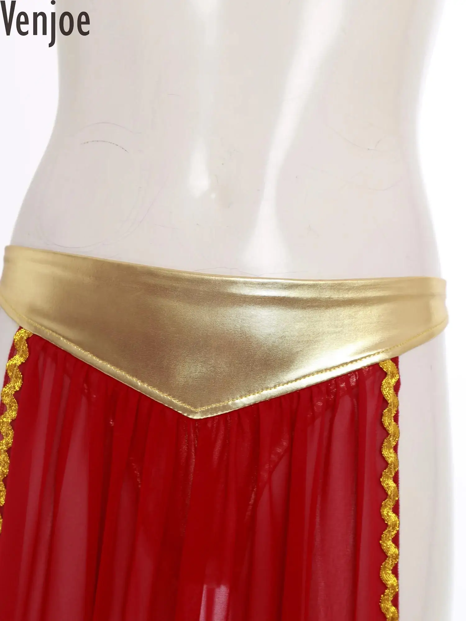 

Womens Halloween Ancient Egyptian Queen Cosplay Skirt Metallic Shiny Briefs with Chiffon Skirt Gold Trims Side Slit Skirt