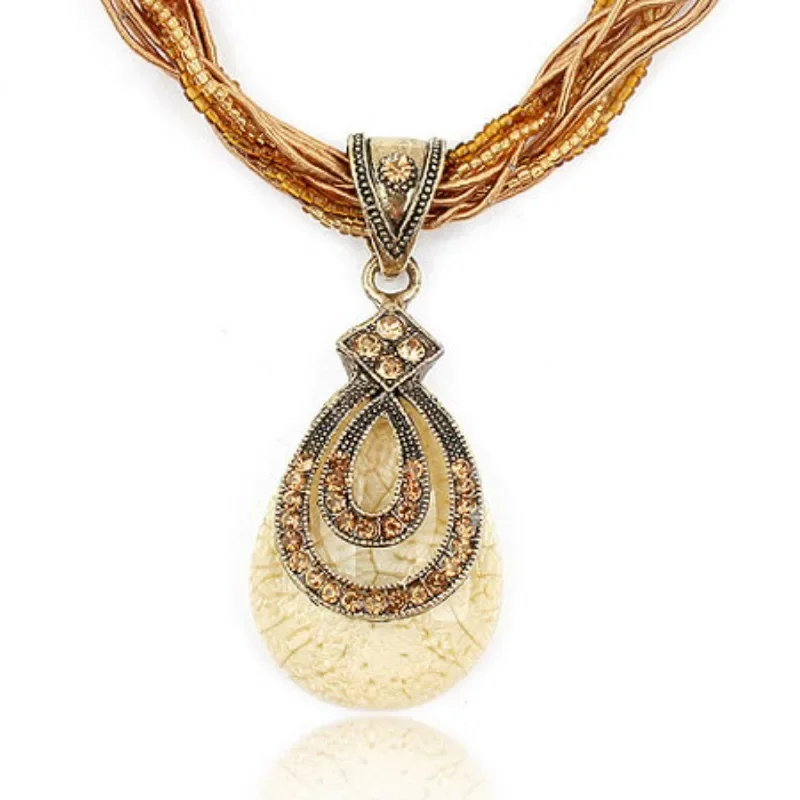 POPACC Bohemian Ethnic Style Jewelry Vintage Gemstones Water Droplets Necklace for Women Korean Sweater Chain Party Decoration