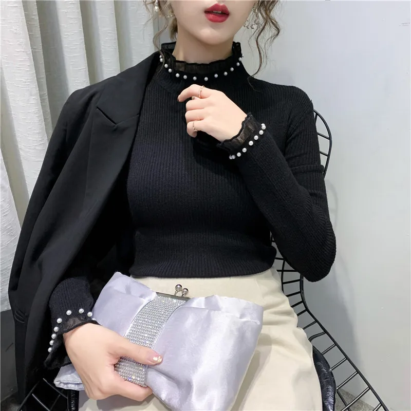 Maglione da donna con collo alto e fondo lavorato a maglia, top con volant, perle, dolce ed elegante, autunno inverno, maglione, pullover da ufficio