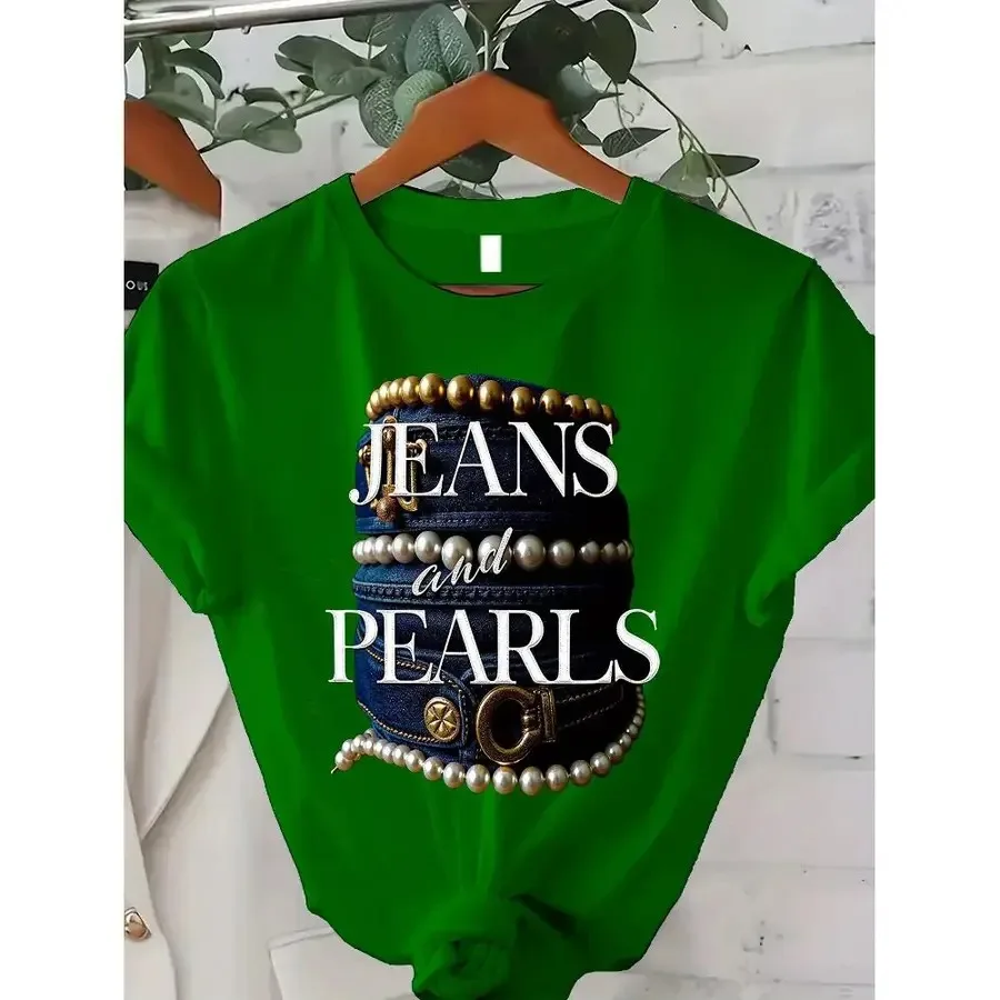 

【New style】Women's T-Shirt with Jeans and Pearl Print Crew Neck Micro-elastic Fabric Casual Style Perfect Christmas Gift