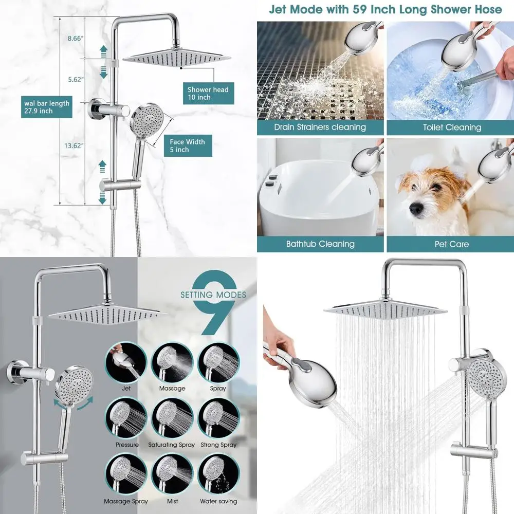 Adjustable 10 High-Pressure Shower with 9-Setting Handheld, Extension Arm, and Slide Bar - Chrome