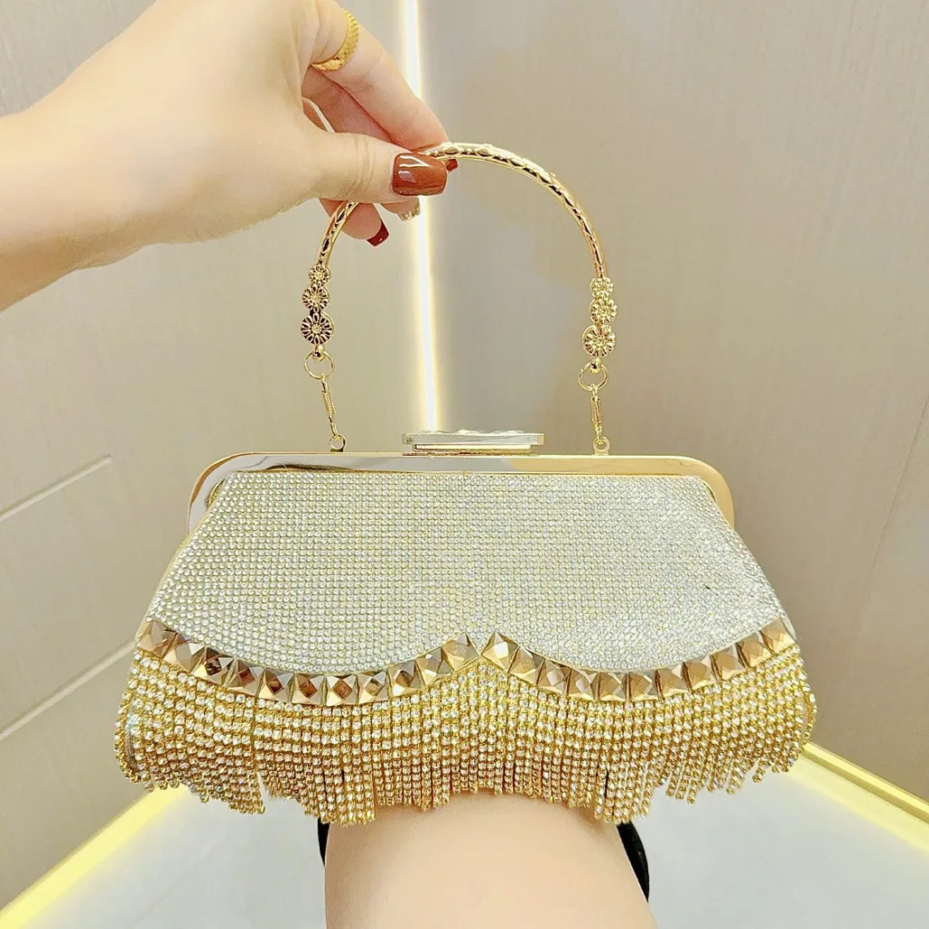 

Luxury Rhinestone Tassel Clutch Bag, Sparkly Crystal Shoulder & Handheld Purse with Chain for Women, Evening Bag for Wedding