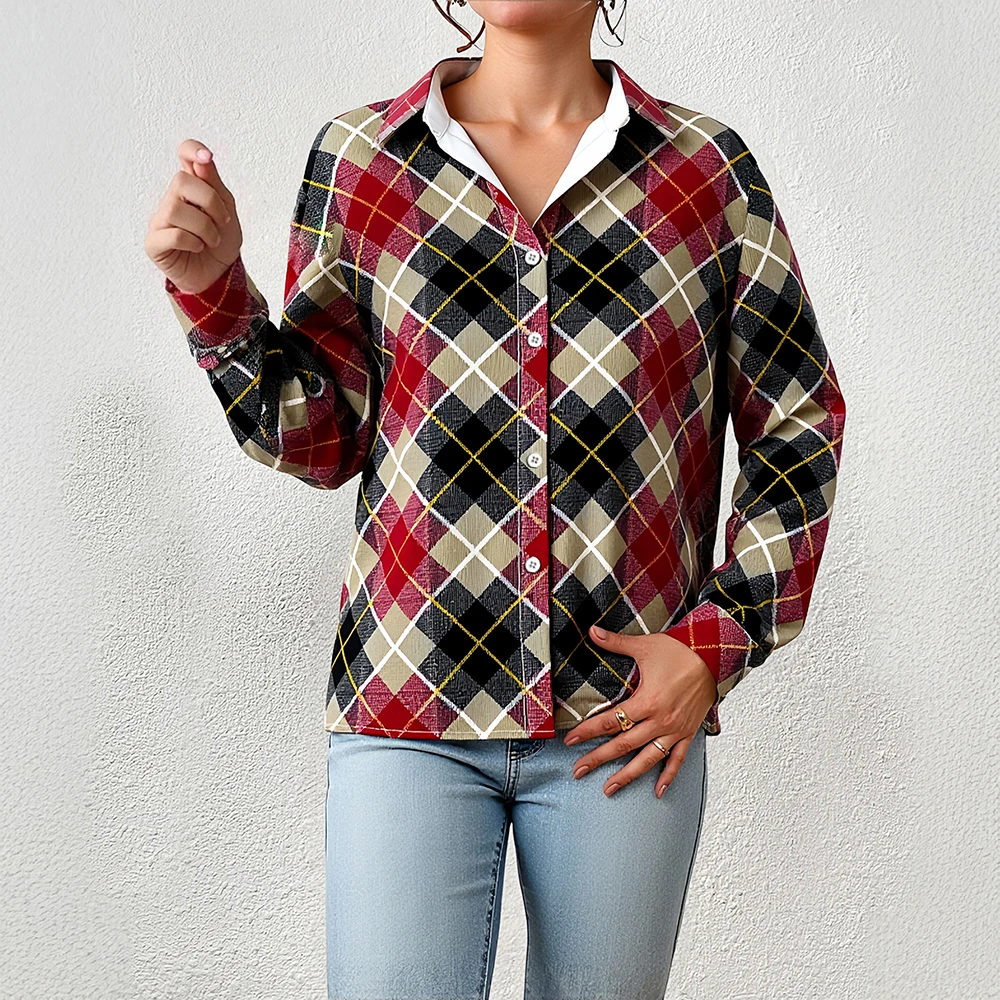 

Mia Muse Women's Shirts Autumn Retro Vintage Contrast Color Single Breasted Plaid Long Sleeve Shirt Collar Shirts