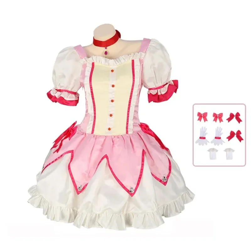 Peruka do Cosplayu Kaname Madoka Anime Puella Magi Madoka Magica Różowa Sukienka Balowa Strój Uniform na Halloween dla Kobiet Dziewczyn