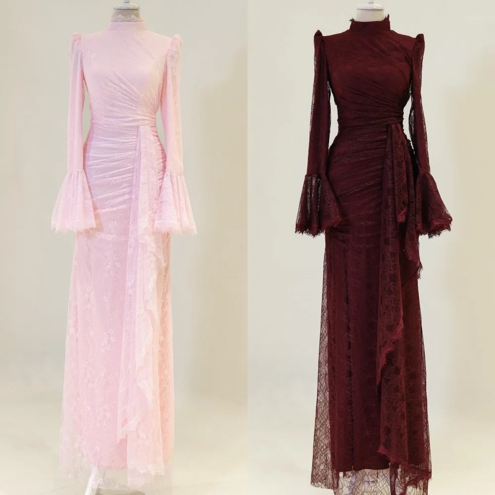 

Customized High Quality Fashion Lace Ruched Pleat Straight High Collar Long Dresses Evening Dresses Modern Style Sizes Available