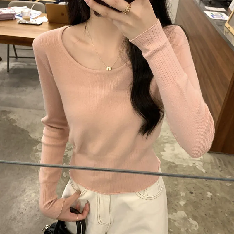 Solid Color Simple Long Sleeve Sweater Woman Korean Round Collar All-Match Short Sweaters Autumn Winter Casual Knit Pullover