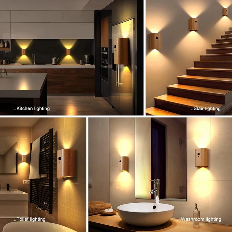 LED Wooden Table Lamp Human Body Sensing Infrared Night Light Motion Sensor Night Lights Rechargeable Sconces Wall Light B