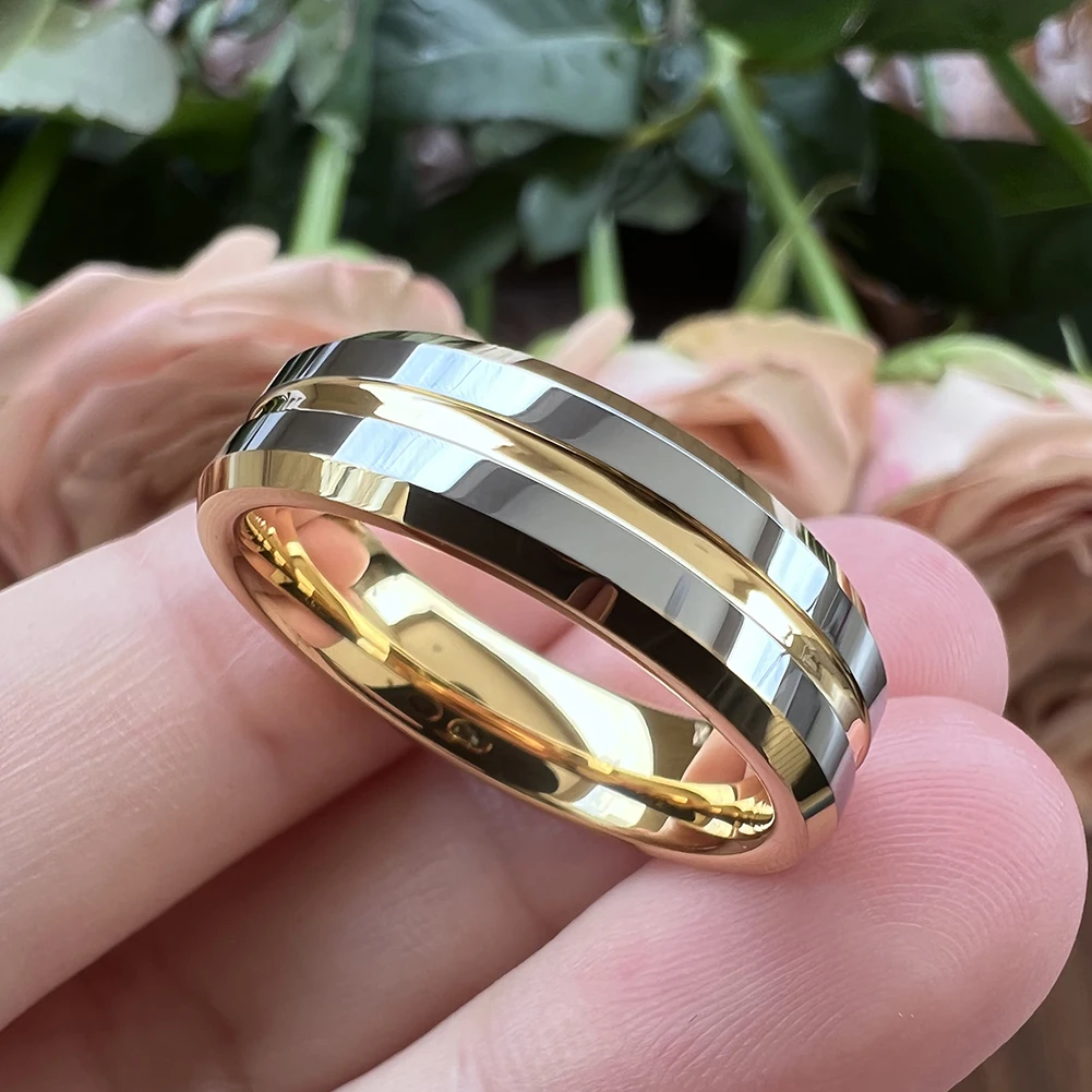 6 mm 8 mm Wolfram-Ring für Damen und Herren, Verlobung, edler Schmuck, Ehering in der Mitte, gerillt, abgeschrägte Kanten, poliert, glänzend, bequeme Passform – Detail 7