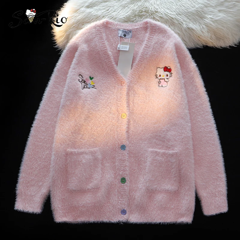 Sanrio Hello Kitty Cardigan for Women Pink Single Breasted Long Sleeve Sweater Plush Warm Ladies Tops Fashionable Loose Jacket