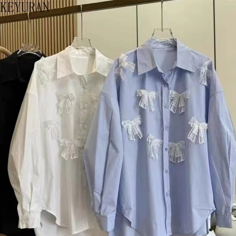 

Vintage Sweet Lace Bow Shirts Women New Korean Fashion Elegant Long Sleeve Casual Loose Blouse Office Ladies Tunic Chic Tops Y2K