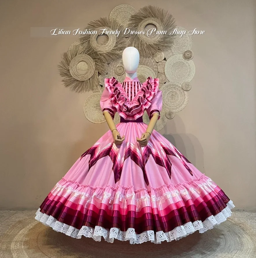 Customized Pink Mexican Folklorico Dance Dress Ruffle Collar Tiered Big Circle Skirt Traditional Performance Costume
