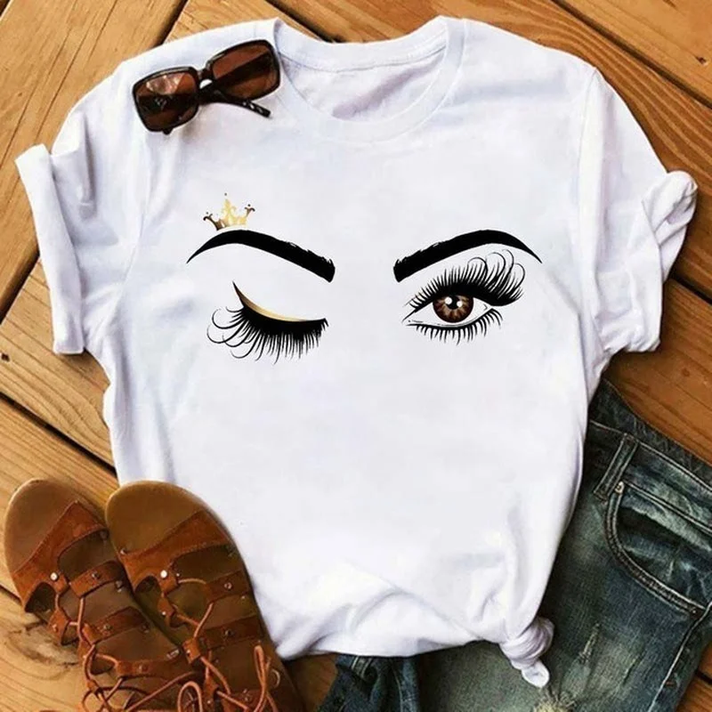 Crown Eyelash Eyes Print T Shirt Women Short Sleeve O Neck Loose Tshirt Women Causal Tee Shirt Tops Camisetas Mujer