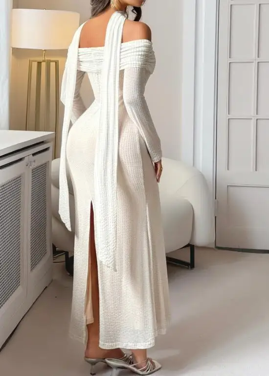 

Womens Dresses 2025 Spring Autumn New Solid Color Evening Dress Elegant Off Shoulder Long Sleeve Slim Hip Hugging Long Dress