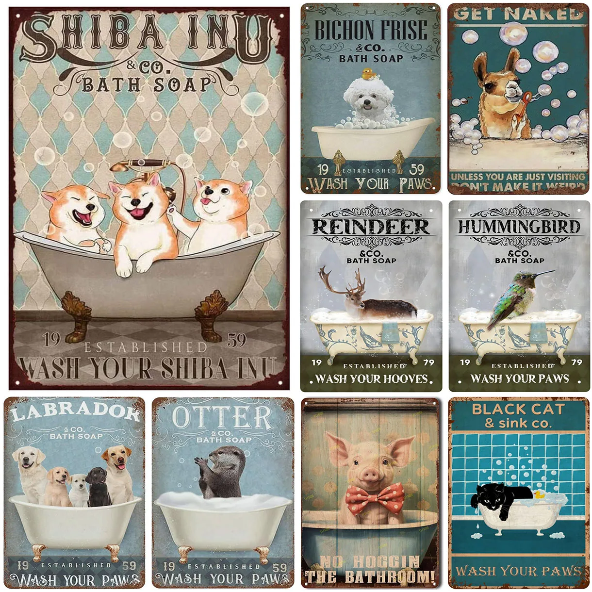 Retro Metal Tin Signs Cat Dog Bath Soap Wash Your Paw Bubble poster Vintage Toilet Cave Bar Home bagno decorazione della parete segni