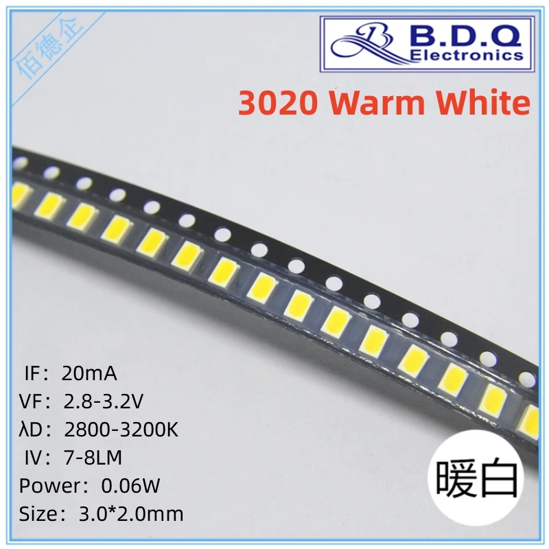 

100Pcs SMD LED 3020 Warm White 2800-3200K LED Lamp Beads Size 3020 Light-emitting Diode High Bright Quality