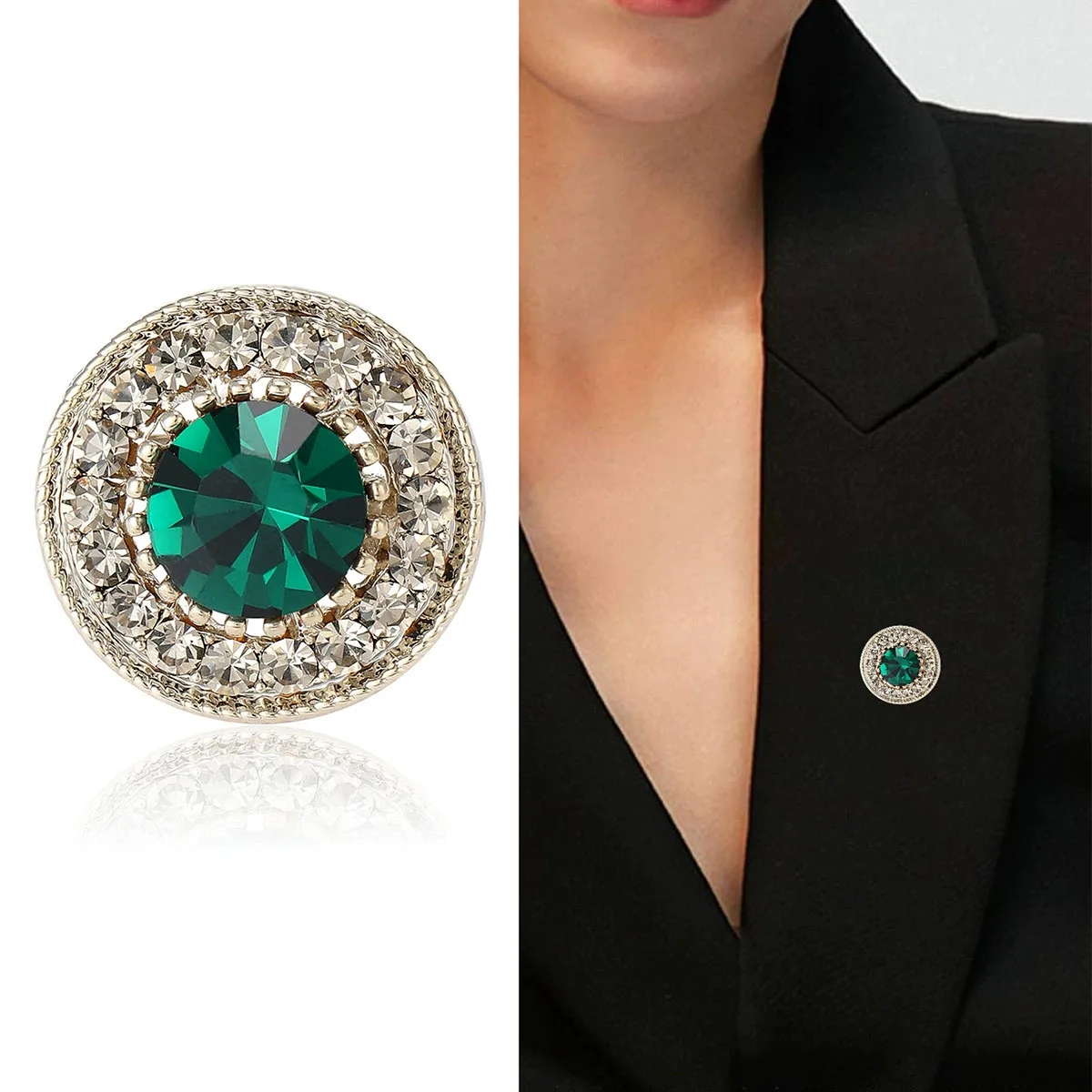 Retro Green Diamond Mini round Brooch Pin High End Women's Summer Open Cardigan Anti-Light Clip Brooch Miniature Chest Flower...