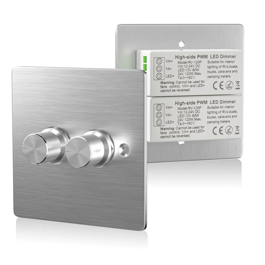 Two Circuit Rotary Dimmer Switch 12V 24V DC for LED Lighting in for rvs Boats Trucks Overload and Short Circuit Protection