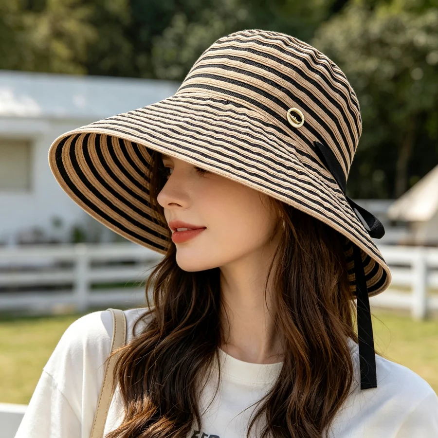 Lightweight Foldable Striped Wide-Brimmed Hat, Full-Face Sun Protection, with Windproof Strap to Prevent Blowing Off, Versatile Sun Hat Suitable for Daily Outings, Beach, Travel, Etc