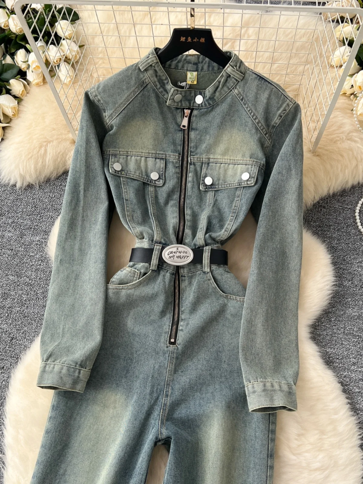 ريترو هونج كونج Sle عالية الخصر قطعة واحدة الجينز المرأة الخريف التخسيس مستقيم الساق عادية سستة عالية طوق Rer #4