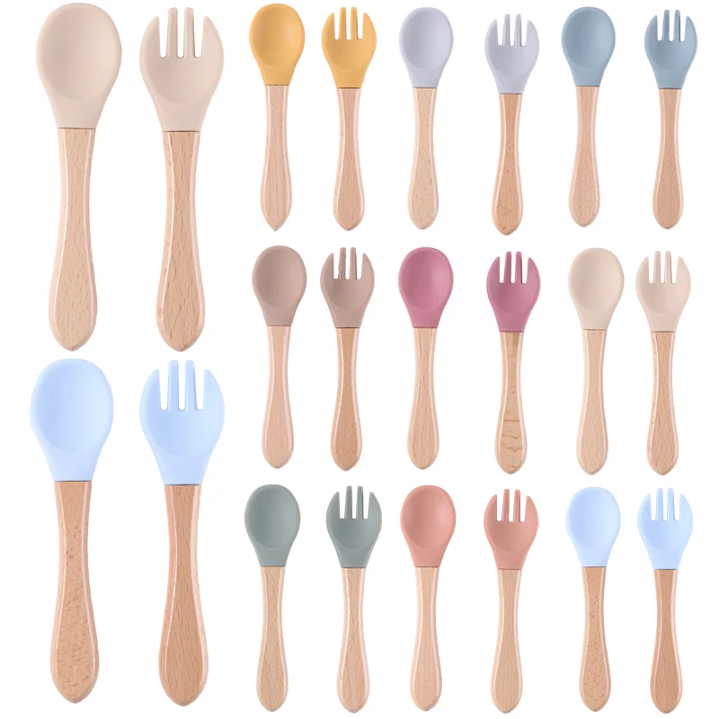 2PCS Baby Feeding Spoon Fork Set Wooden Handle Spoon Fork Soft Silicone Tip Spoons BPA Free Food Grade Infant Toddlers Utensils