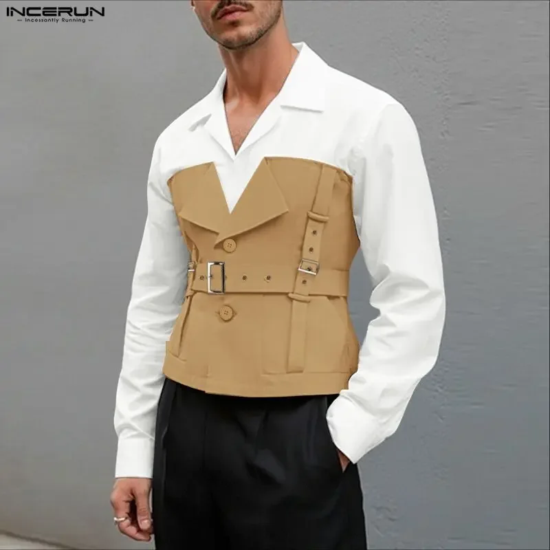 INCERUN Men Shirt Patchwork Lapel Long Sleeve Button Men Clothing Streetwear Loose Color-block Cargo Shirts Men Fashion Camisas