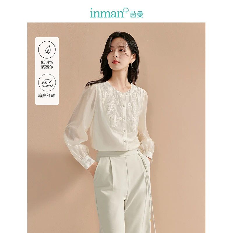 

INMAN 2024 Autumn Neo-Chinese Style Women's Shirt Lyocell loose blouse embroider top