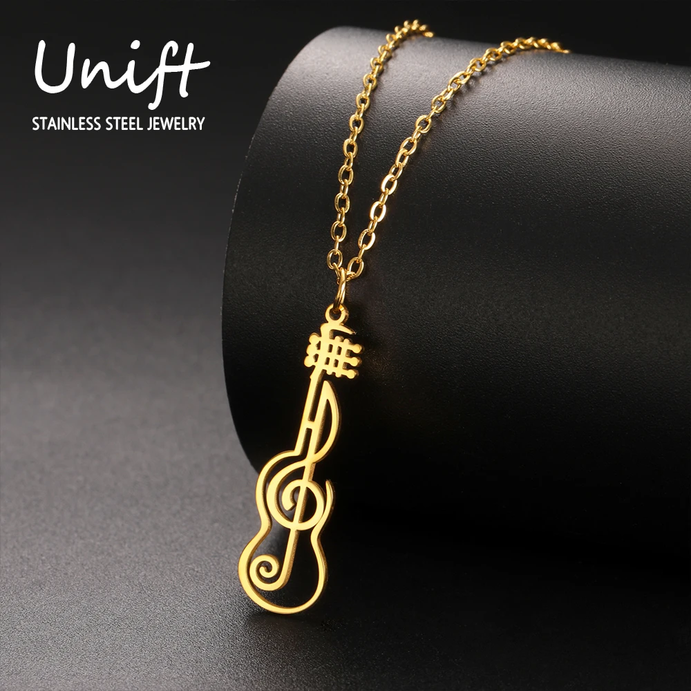 Unift Music Note Treble Clef Guitar Necklaces for Women Stainless Steel Pendant Trendy Music Jewelry Musician Violin Neck Chain