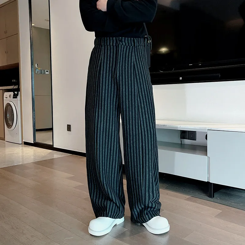 Autumn Winter Thiened Knitted Striped Men's Casual Pants Loose Straight Leg Fce Wide Leg Long Trousers Korean Sle