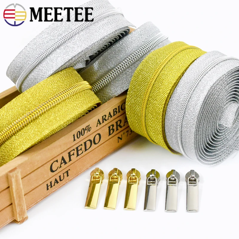 2/3/5M Meetee 3# 5# Plastic Zipper for Sewing Nylon Slider Zip Handbag Gold Silver Jacket Coil Zippers Pull Repair Kit Accessory