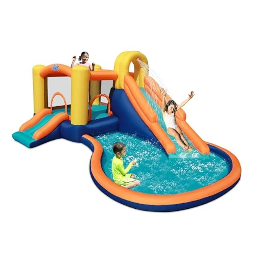 워터 슬라이드 - 실내 및 실외용 블로워 포함 에어바운스 - 슬라이드가 있는 점프 바운시 캐슬 - 넓은 바운시 공간, 대형 바운시