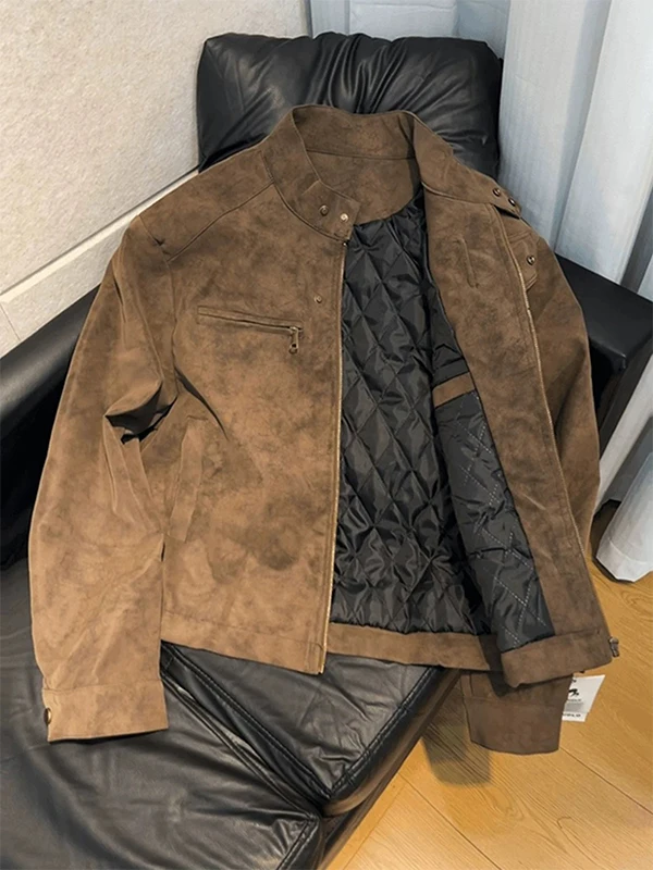 

American Retro Tie Dye PU Leather Jaet Thiened Cotton Warm Stand Collar Men's Winter Coat Windproof Faionable Jaet