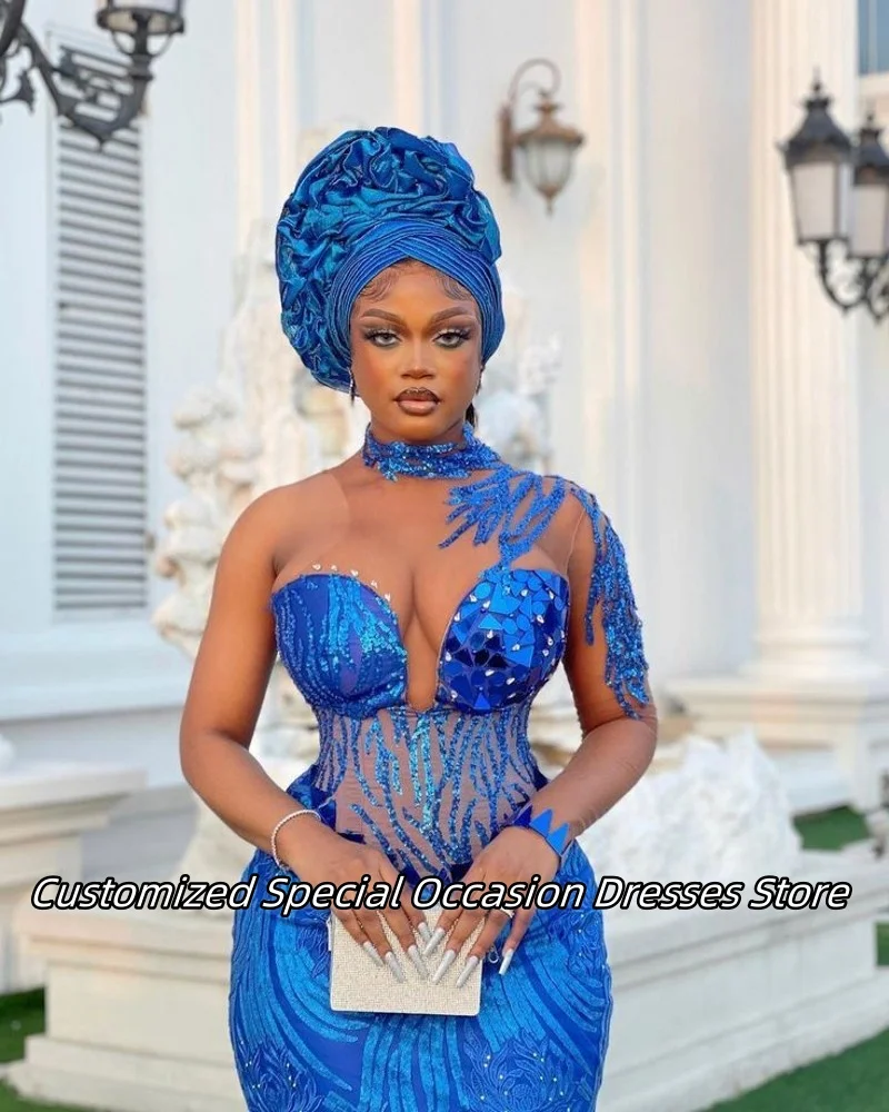 Vestidos de Noche de un hombro para mujer, color azul real, Aso Ebi, vestido largo de sirena para graduación, vestidos de fiesta de boda con taladro de cristal personalizados