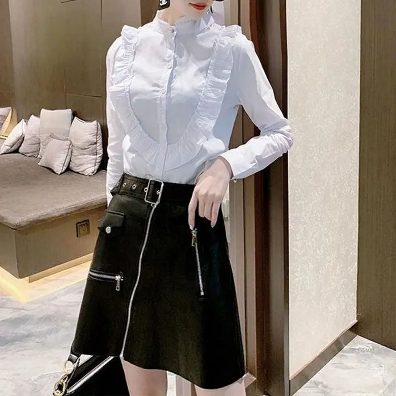 Female Commute Solid Color All-match Shirring Shirt Elegant Ruffles Spliced Spring Autumn Stand Collar Single-breasted Blouse