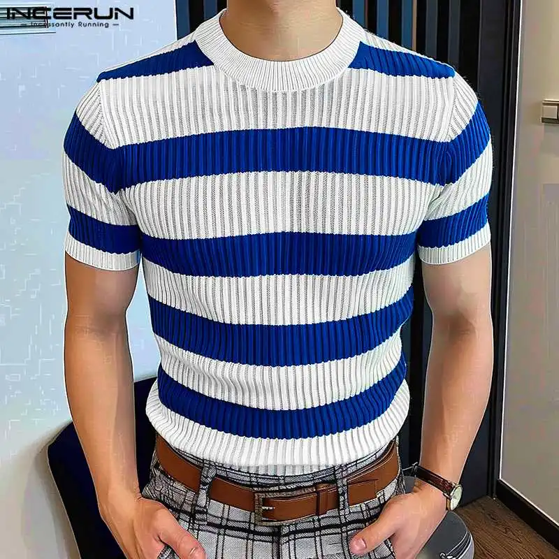 

Handsome Well Fitting Tops INCERUN New Mens Knitted Striped Design Sweaters Casual Clubwear O-neck Short Sleeved Pullovers S-5XL