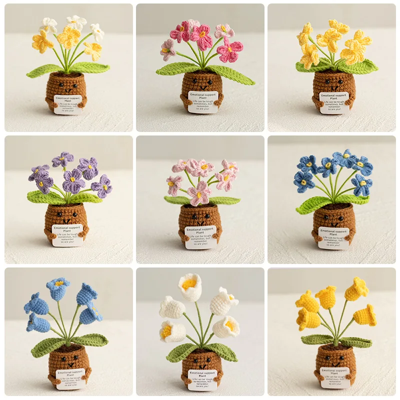 Mini Hand-knitted Potted Plant With Card Small Handmade Crochet Flower, Positive Potato Series Unique Gift For Home Office Desk