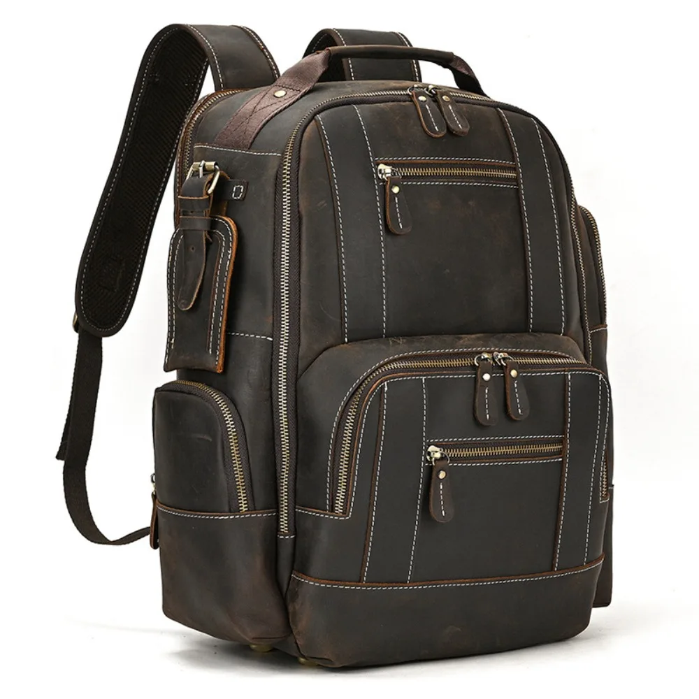 

Retro Men's Premium Backpack Crazy Leather Backpack Versatile Simple Multifunctional Cowhide School Large Backpack Travel Bag