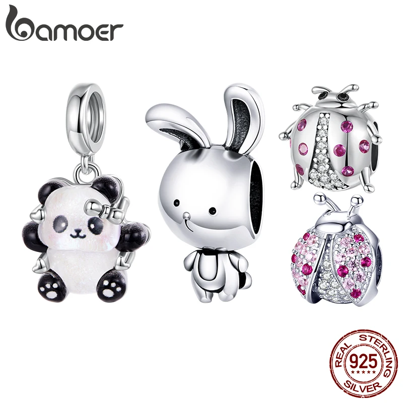 Bamoer 925 Sterling Silver Cute Panda Charm Pendant Lucky Ladybug Rabbit Beads Fit Original Bracelet Necklace DIY Jewelry Gift