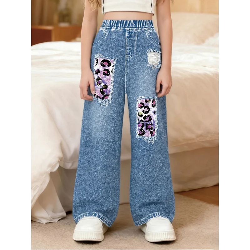 

2025 Girls Leopard Print Patch Old Style, High Waist Loose Wide Leg Imitation Jeans,fashionable and Cool