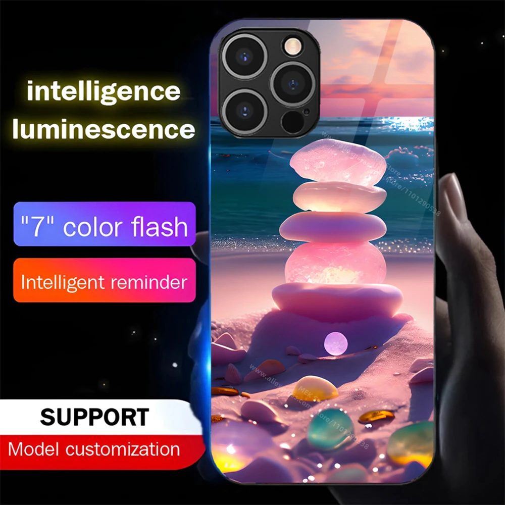 

Cute Beach Pebbles Luminous Phone Case LED Light Glass Shockproof Cover For iPhone 16 15 14 13 12 11 Pro Max XR XS Plus