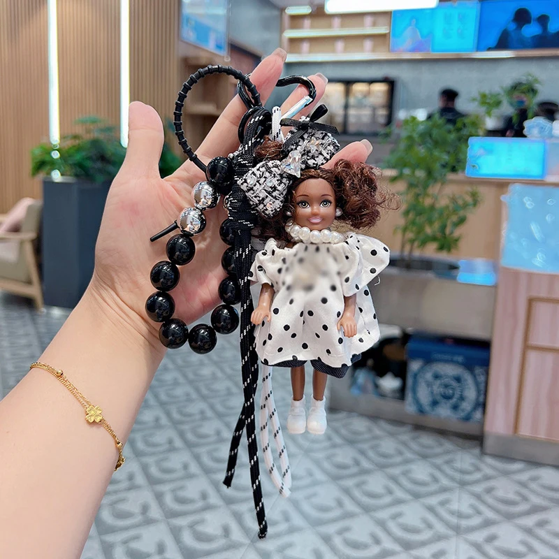 1pcs New Fashion Black Princess Doll Polka Dot Top Pants Set Car Keychain Pendant Exquisite Bag Charm Girls Handbag Decoration